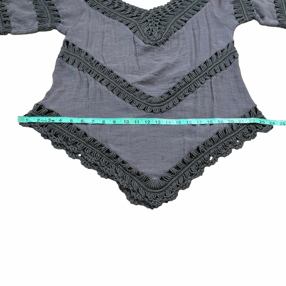 Dreamers Dark Gray Crochet & Gauze Boho Fringe Tunic Blouse - Size Medium - Picture 13 of 14
